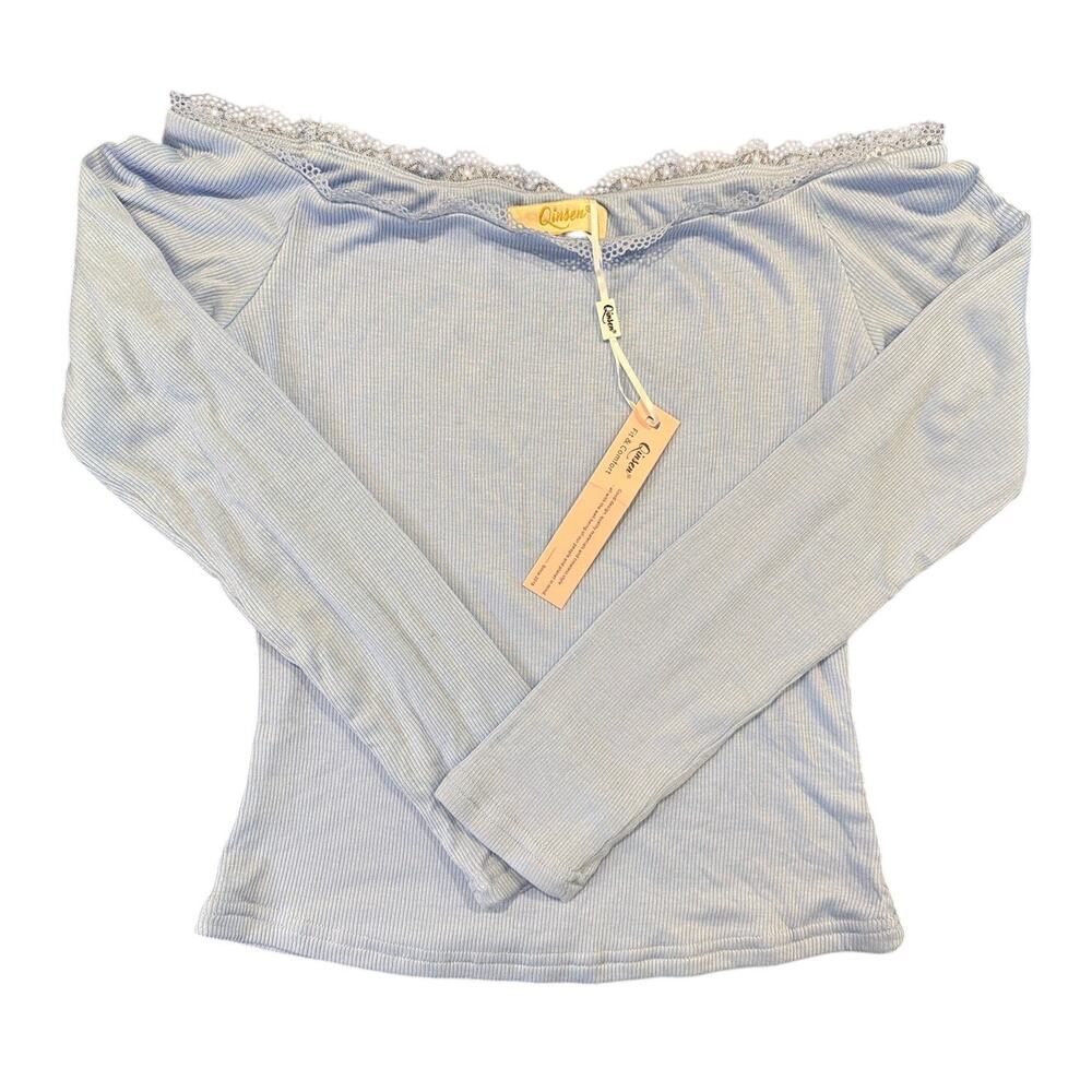 NWT Qinsen Light Blue Off Shoulder Lace Trim Top, Women's Size Medium